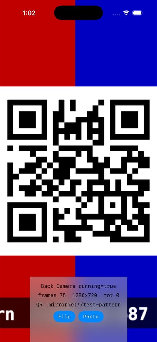 An iOS Simulator app scanning a QR code through MirrorMe